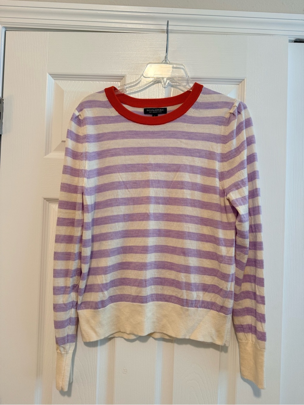 Banana Republic 100% Merino Wool Lavender and White Striped Crewneck Sweater